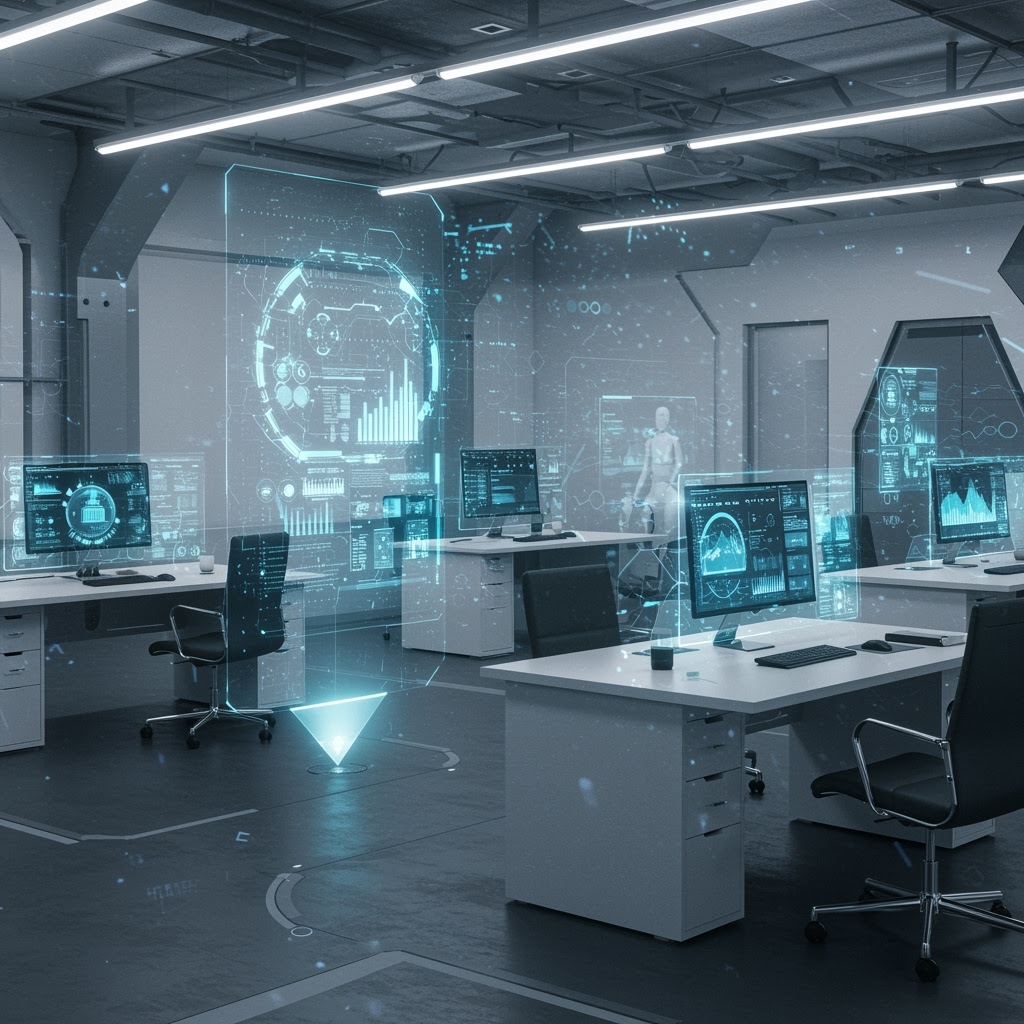 Una moderna oficina de alta tecnología con mesas blancas, sillas negras y grandes monitores que muestran datos y gráficos holográficos azules. Interfaces digitales transparentes impulsadas por Inteligencia Artificial flotan en el aire, insinuando las capacidades de Plis Chat Me en esta sala futurista.