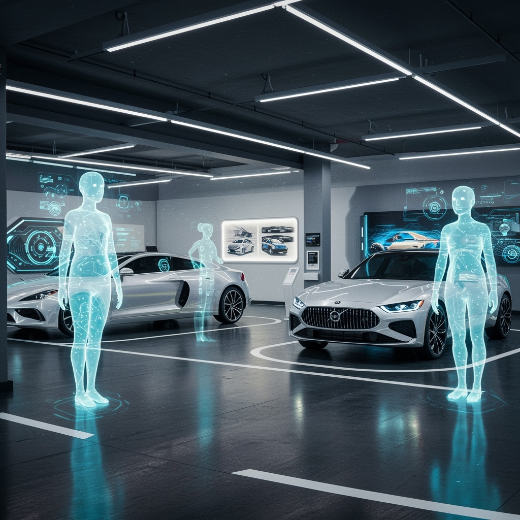 Una sala de exposición de coches futurista presenta dos elegantes coches blancos y varias figuras humanas holográficas de color azul translúcido, que ilustran el papel de la Inteligencia Artificial. Las pantallas digitales con datos de los vehículos resaltan un ambiente moderno y de alta tecnología bajo luces brillantes.