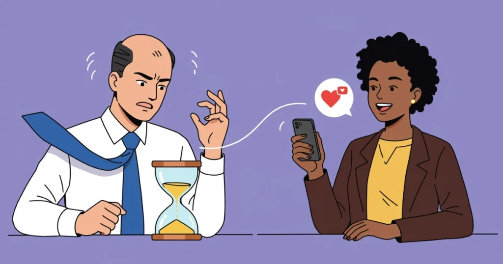 Un hombre preocupado con camisa y corbata suelta mira un reloj de arena, mientras una mujer sonriente con americana utiliza su teléfono para enviar un emoji de corazón, que ilustra la atención al cliente inmediata. Una línea blanca los une sobre un fondo morado.