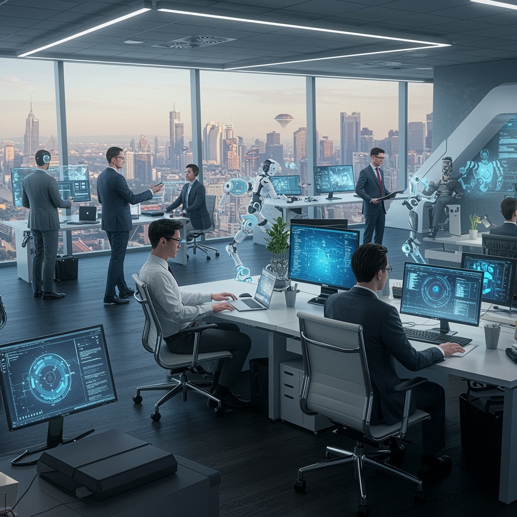 Una oficina moderna con grandes ventanales que dan a un horizonte urbano, donde personas y robots colaboran en puestos de trabajo equipados con sistemas multicanal CRM que muestran interfaces digitales futuristas y hologramas en un ambiente tecnológicamente avanzado.