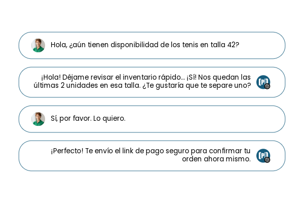 Captura de pantalla de un chat sobre la compra de zapatillas, en el que un cliente pide unas zapatillas de tenis de la talla 42 y el vendedor -utilizando atención al cliente IA- confirma que hay existencias limitadas, reserva un par y envía un enlace de pago para completar el pedido.