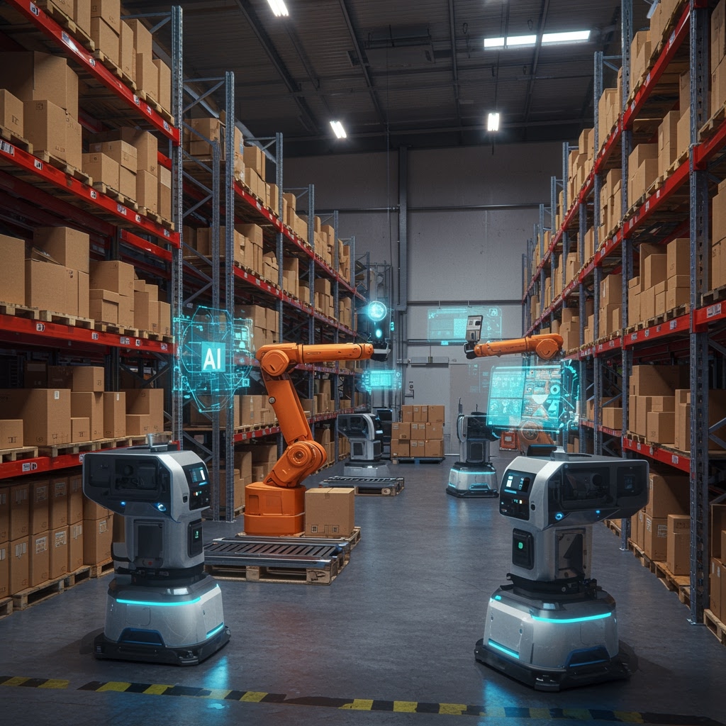 Un almacén moderno con altas estanterías de cajas, brazos robóticos que levantan paquetes y robots autónomos que recorren los pasillos. Sobre los robots flotan hologramas digitales que muestran datos de Inteligencia Artificial, poniendo de relieve un entorno logístico impulsado por la tecnología.
