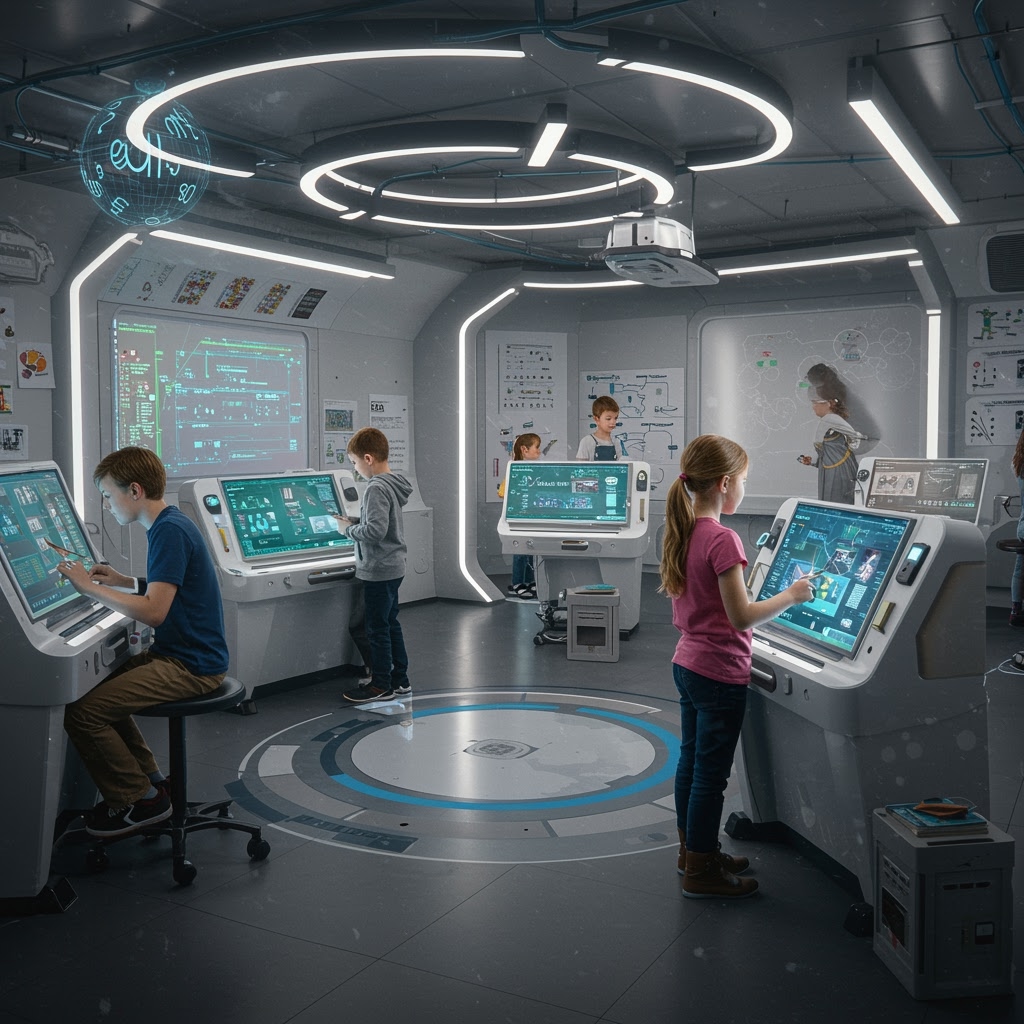 Varios niños interactúan con futuristas consolas de pantalla táctil impulsadas por Inteligencia Artificial en un aula de alta tecnología y ciencia ficción. Pantallas holográficas y luces LED llenan la elegante sala mientras un profesor supervisa y guía las actividades de los alumnos.