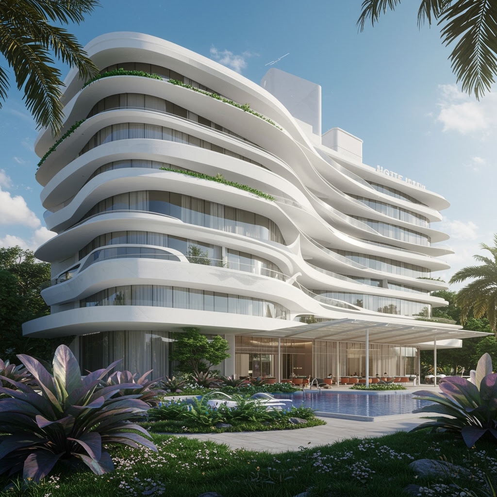 Un moderno hotel blanco de varias plantas con balcones curvos y paredes de cristal da a un jardín paisajista y una piscina rectangular. Las palmeras rodean la zona, mientras que los huéspedes pueden utilizar Plis Chat Me para mejorar su estancia bajo el cielo azul.