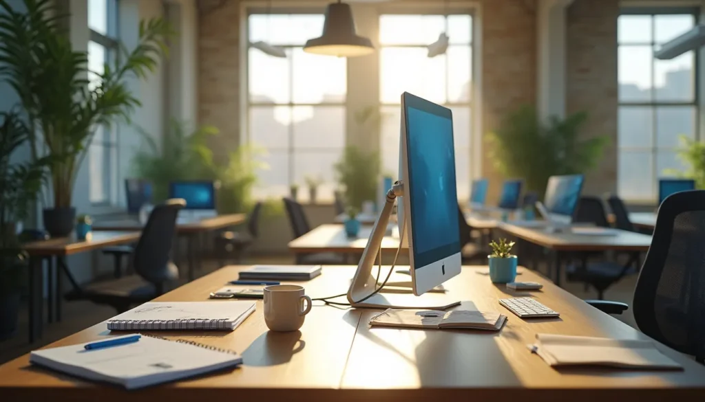Una oficina moderna e iluminada por el sol, con grandes ventanales, exuberantes plantas verdes y varios escritorios. En el mostrador, un monitor de ordenador junto a una taza de café y cuadernos: un espacio acogedor donde la historia de Sentinel México cobra vida.
