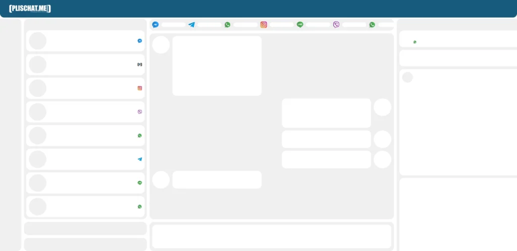 Una interfaz simplificada con un encabezado azul etiquetado "PUSCHAT.ME" destaca Plis Chat Me. El diseño presenta paneles para aplicaciones de mensajería y cuadros de chat, lo que representa una plataforma de gestión de chat para Transformación Digital.