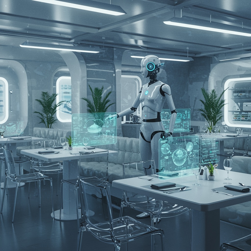 Un robot humanoide impulsado por Inteligencia Artificial interactúa con pantallas holográficas flotantes en un restaurante futurista y elegante con mesas de cristal, sillas modernas, pantallas digitales, exuberantes plantas verdes y grandes ventanales por los que entra una suave luz natural.