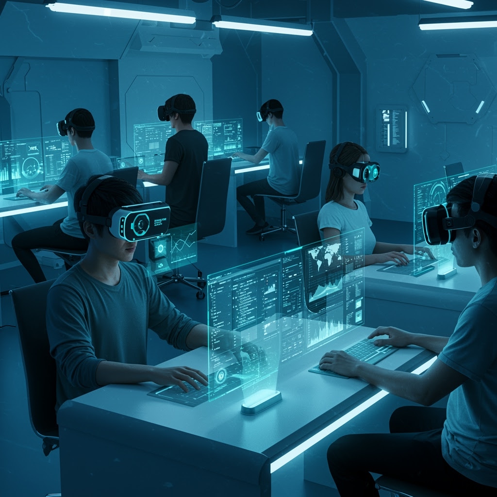 Cinco personas con cascos de realidad virtual se sientan en escritorios de una sala futurista e interactúan con pantallas holográficas flotantes de Inteligencia Artificial. La luz azul ilumina este entorno de trabajo inmersivo de alta tecnología Plis Chat Me.