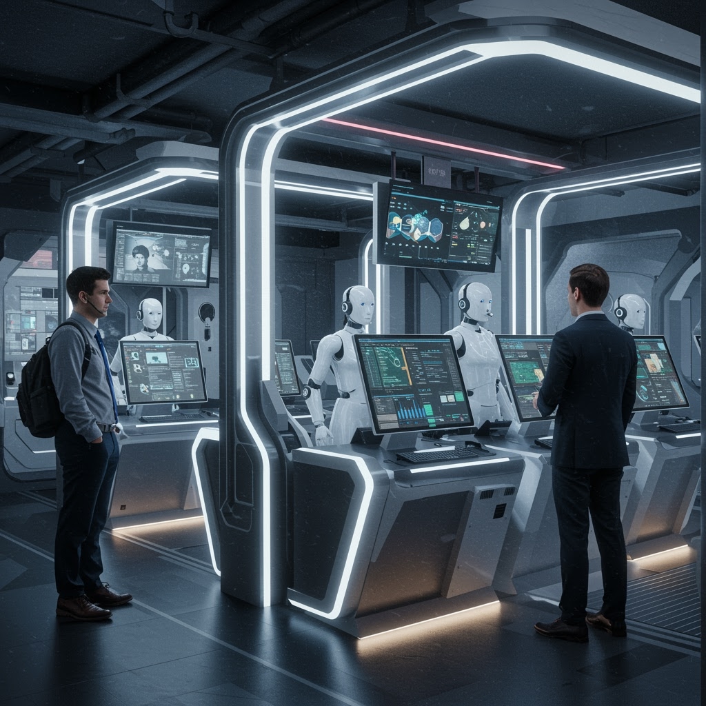 En un laboratorio futurista, robots humanoides impulsados por Inteligencia Artificial interactúan con estaciones de trabajo informáticas, mientras dos hombres en traje de negocios observan. La sala, iluminada con luces de neón, cuenta con pantallas digitales que muestran datos y un entorno organizado de alta tecnología.