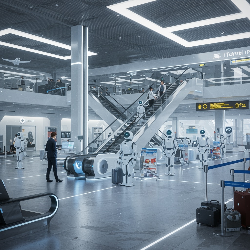 El interior de un aeropuerto futurista con robots impulsados por Inteligencia Artificial que ayudan a los viajeros. La gente utiliza las escaleras mecánicas mientras robots con uniformes blancos y azules se preparan para ayudar. En medio de una arquitectura moderna y luminosa se ven equipajes y señales digitales.